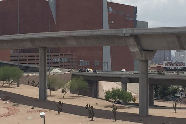 The ramp from southbound U.S. Highway 95 to southbound Interstate 15 was closed due to damage about 12:20 p.m., Friday, May 22, 2015, the Nevada Department of Transportation said in a tweet. (Chas ...