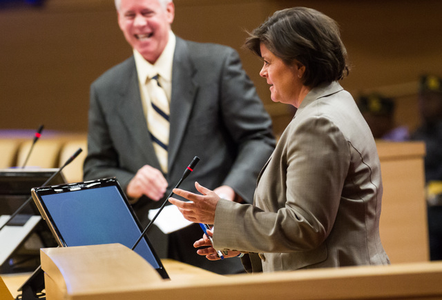 Las Vegas City Manager Betsy Fretwell speaks at the dais as the city council discusses giving her a raise during a city council meeting at Las Vegas City Hall on Wednesday, May 20, 2015. (Chase St ...