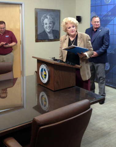 Las Vegas Mayor Carolyn Goodman prepares to speak at a news media conference at City Hall on Tuesday, May 5, 2015. Goodman she would lie down on U.S. Highway 95 to stop the transport of uranium wa ...