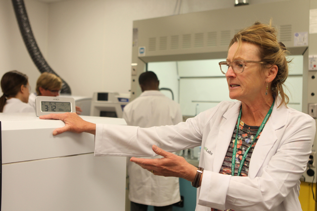 Dr. Cindy Orser, chief science officer for DigiPath Labs, gives a tour inside the analytical room at the DigiPath Labs facility in Las Vegas Wednesday, April 15, 2015. DigiPath Labs will be one of ...