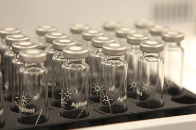 Empty sample vials sit on top of a gas chromatography–mass spectrometry system inside the analytical room at the DigiPath Labs facility in Las Vegas Wednesday, April 15, 2015. DigiPath Labs ...