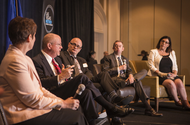 Mike Hengel, Editor of the Las Vegas Review-Journal,second from right, speaks during the "Changing Local Media Landscape" panel discussion at the Four Seasons Hotel Las Vegas, 3960 Las V ...