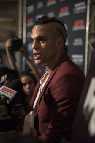 UFC middleweight Vitor Belfort answers questions during media day before competing at UFC 187 from the MGM Grand hotel-casino in Las Vegas on Thursday, May 21, 2015. (Martin S. Fuentes/Las Vegas R ...