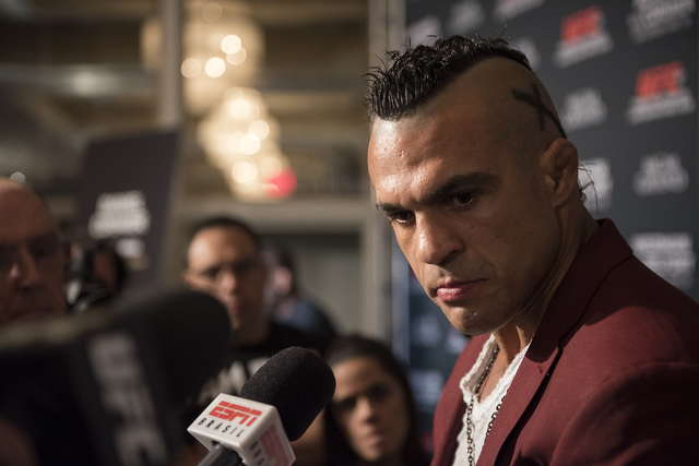 UFC middleweight Vitor Belfort answers questions during media day before competing at UFC 187 from the MGM Grand hotel-casino in Las Vegas on Thursday, May 21, 2015. (Martin S. Fuentes/Las Vegas R ...