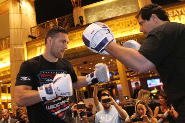 Chris Weidman throws a punch during the media work out for UFC 187 Wednesday, May 20, 2015 at the MGM. (Sam Morris/Las Vegas Review-Journal) Follow Sam Morris on Twitter @sammorrisRJ