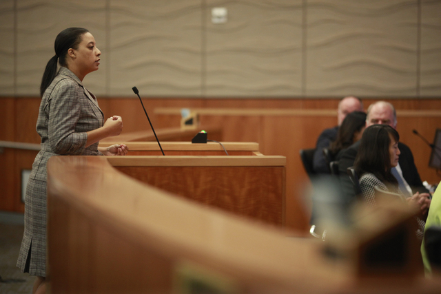 North Las Vegas human resources employee Bachera Washington speaks during a city council meeting where an item was passed to outsource the human resources department at North Las Vegas City Hall o ...