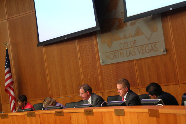 North Las Vegas Mayor John Lee, center, speaks during an agenda item about the possibility of the city outsourcing it's human resources department to a third party during a city council meeting at ...