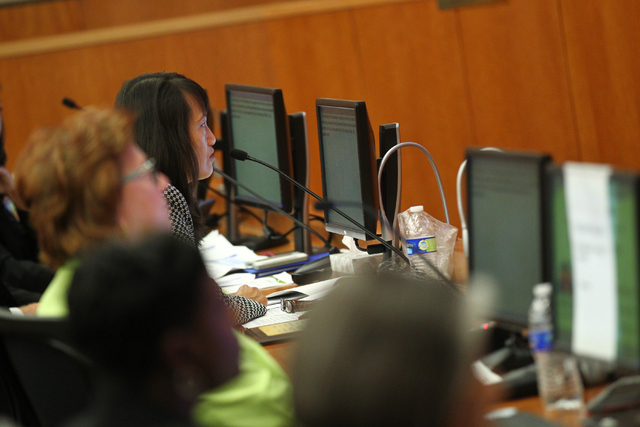 North Las Vegas City Manager Qiong Liu speaks during an agenda item about the possibility of the city outsourcing it's human resources department to a third party during a city council meeting at  ...