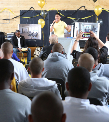 Boxer Jessie Vargas speaks to youth at the Spring Mountain Youth Camp Wednesday, April 22, 2015.  Professional boxers and boxing referees visited the camp, where young men ages 12 to 18 are workin ...