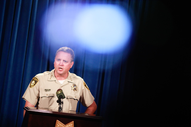 Undersheriff Kevin McMahill addresses news media about an officer-involved shooting that took place April 29, at Las Vegas police headquarters on Tuesday, May 5, 2015. (Chase Stevens/Las Vegas Rev ...