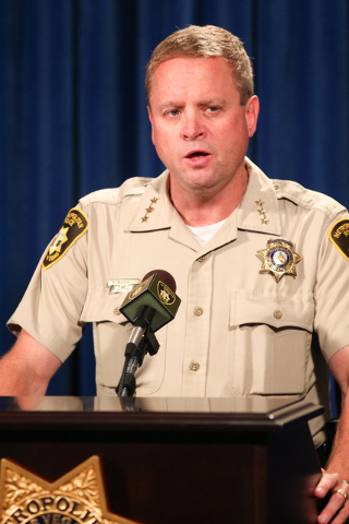 Undersheriff Kevin McMahill addresses news media about an officer-involved shooting that took place April 29, at Las Vegas police headquarters on Tuesday, May 5, 2015. (Chase Stevens/Las Vegas Rev ...