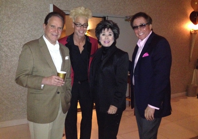 A recent farewell party for the Riviera included, from left, impressionist and '70s headliner Rich Little, party host and comic magician Murray SawChuck, Lorraine Bono Hunt, who sang in the Rivier ...