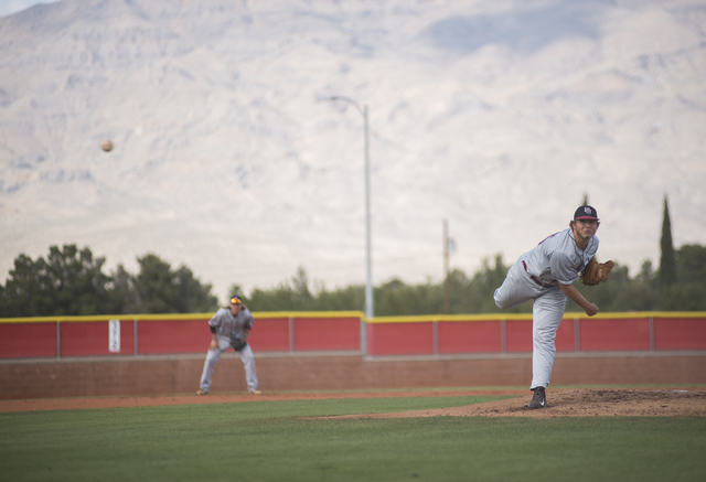 Desert Oasis A.J. Landis (15) pitches against Arbor View during their baseball game at Arbor View High School in Las Vegas on Wednesday, April 22, 2015. (Martin S. Fuentes/Las Vegas Review-Journal)