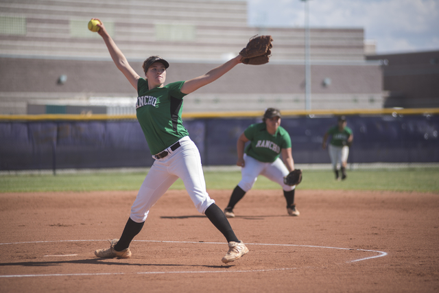 Rancho's Samantha Pochop (72) pitches against Silverado during the first round game of the Sunrise Regional tournament played at Silverado's softball field in Las Vegas on Tuesday, May 5, 2015. Ra ...