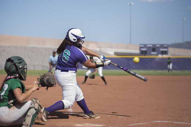 Silverado's Alessandra Ponce (99) swings at a pitch against Rancho during the first round game of the Sunrise Regional tournament played at Silverado's softball field in Las Vegas on Tuesday, May ...