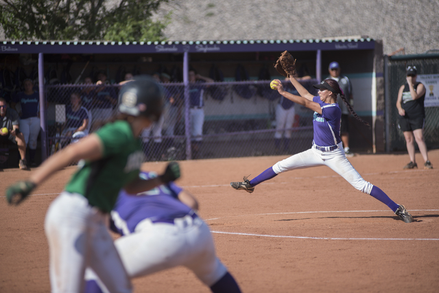 Silverado's Hanna McCall (13) pitches against Rancho during the first round game of the Sunrise Regional tournament played at Silverado's softball field in Las Vegas on Tuesday, May 5, 2015. Ranch ...
