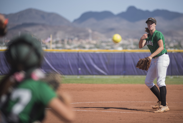 Rancho's Samantha Pochop (72) pitches against Silverado during the first round game of the Sunrise Regional tournament played at Silverado's softball field in Las Vegas on Tuesday, May 5, 2015. Ra ...