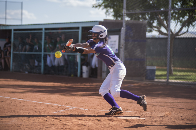 Silverado's Hanna McCall (10) throws down a bunt against Rancho during the first round game of the Sunrise Regional tournament played at Silverado's softball field in Las Vegas on Tuesday, May 5, ...