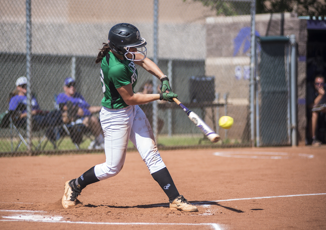 Rancho's Gianna Carosone (66) swings at a pitch against Silverado during the first round game of the Sunrise Regional tournament played at Silverado's softball field in Las Vegas on Tuesday, May 5 ...
