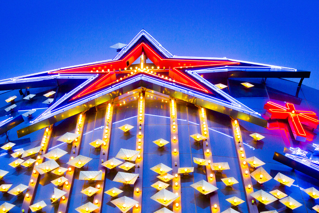 Exterior lights as seen Monday, April 20, 2015 at the Riviera hotel-casino, 2901 Las Vegas Blvd. South. The resort will close Monday, May 4, to make room for Las Vegas Convention Center expansion. ...