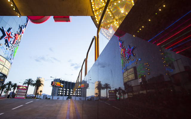 Exterior lights as seen Monday, April 20, 2015 at the Riviera hotel-casino, 2901 Las Vegas Blvd. South. The resort will close Monday, May 4, to make room for Las Vegas Convention Center expansion. ...