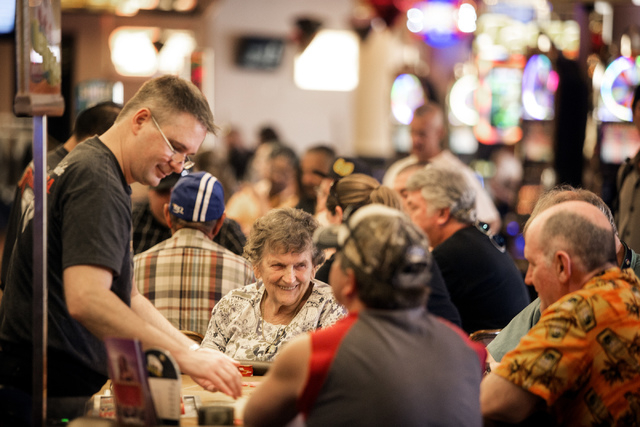 People play blackjack  at the Riviera hotel-casino, 2901 Las Vegas Blvd. South, on Wednesday, April 23,2015. The resort will close Monday, May 4, to make room for Las Vegas Convention Center expan ...