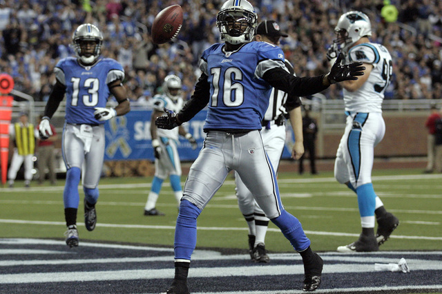 Detroit Lions wide receiver Titus Young celebrates in the end zone his touchdown against the Carolina Panthers during the first half of their NFL football game in Detroit, Michigan November 20, 20 ...