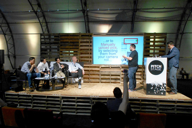 An unidentified startup company makes a pitch to unidentified investors at the Collision Conference at World Market Center on Tuesday, May 5, 2015. The conference was held to allow startup compani ...