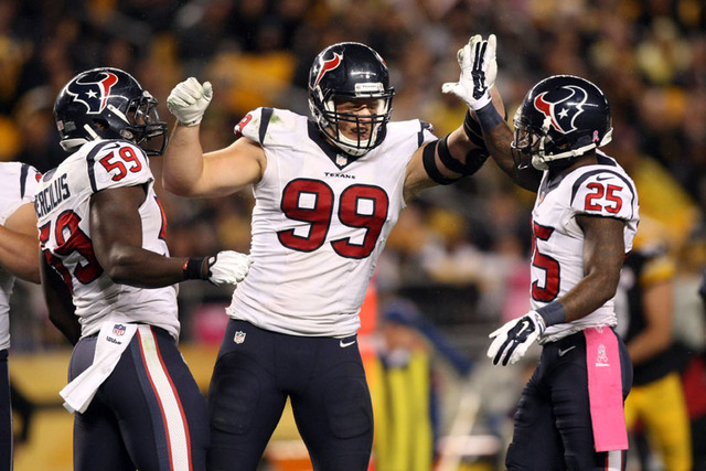 Houston defensive end J.J. Watt (99), celebrating sack with teammates against the Steelers, is the most dominant defensive player in the NFL, maybe even the Most Valuable Player. (Jason Bridge-USA ...