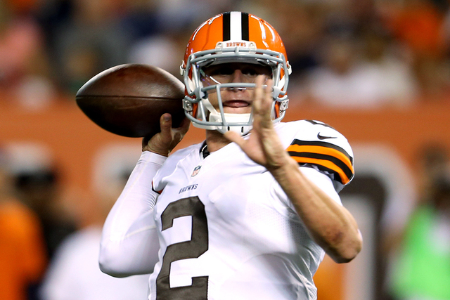 Cleveland Browns quarterback Johnny Manziel (2) throws against the Chicago Bears during the second quarter at FirstEnergy Stadium on Aug 28, 2014. (Ron Schwane-USA TODAY Sports)
