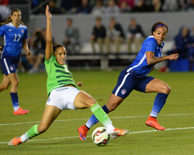 Mexico midfielder Jennifer Ruiz (6) gets in front of a pass for USA forward Sydney Leroux (2) at StubHub Center in Carson, Calif., on May 17, 2015. (Jayne Kamin-Oncea-USA TODAY Sports)
