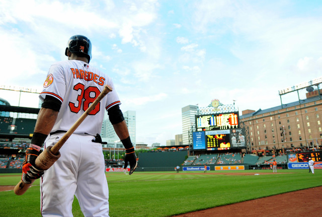 Baltimore Orioles designated hitter Jimmy Paredes (38) waits on deck during the game against the Houston Astros at Oriole Park at Camden Yards on May 27, 2015. (Evan Habeeb-USA TODAY Sports)