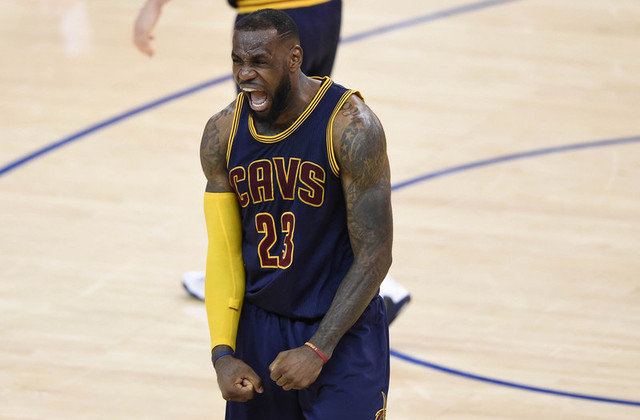 June 7, 2015; Oakland, CA, USA; Cleveland Cavaliers forward LeBron James (23) reacts during the 95-93 victory against the Golden State Warriors in game two of the NBA Finals at Oracle Arena. (Kell ...