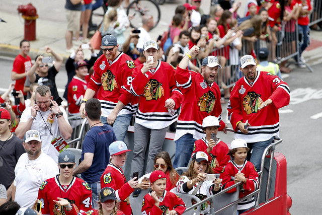 Jun 18, 2015; Chicago, IL, USA; Members of the Chicago Blackhawks during  the 2015 Stanley Cup championship parade and rally in Chicago. (Kamil  Krzaczynski-USA TODAY Sports)