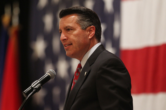 Gov. Brian Sandoval speaks during a mobilization ceremony for the Nevada Army National Guard's 72nd Military Police Company Thursday, May 28, 2015 at the Gold Coast. (Sam Morris/Las Vegas Review-J ...
