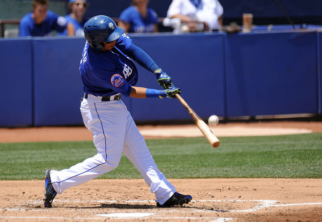 Las Vegas 51s shortstop Wifredo Tovar flies out in the second inning of their Triple-A minor league baseball game against the Reno Aces at Cashman Field Sunday June 14, 2015. Las Vegas defeated Re ...