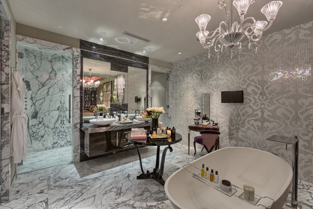 Courtesy photo
Steve Mason and Angeles Scorsetti listed their furnished Mandarin Oriental’s 41st floor penthouse for $3.1 million through Luxe Estates & Lifestyles. This is the master bath.