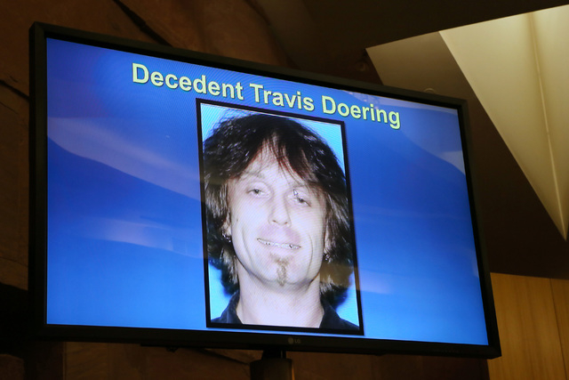 An image of Travis Doering is shown on a screen during a police fact finding review at Clark County Government Center Wednesday, June 10, 2015, in Las Vegas. The review covered details of an offic ...