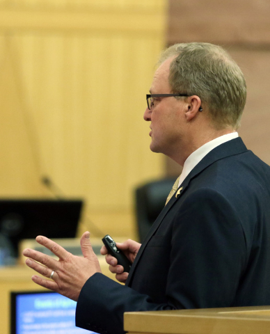 Chief Deputy District Attorney Frank Cuomo leads questioning during a police fact finding review at Clark County Government Center Wednesday, June 10, 2015, in Las Vegas. The review covered detail ...