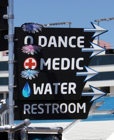 A signpost points the way to various facilities at the Electric Daisy Carnival in the infield of the Las Vegas Motor Speedway, in North Las Vegas, Thursday, June 7, 2012. (Jerry Henkel/Las Vegas R ...