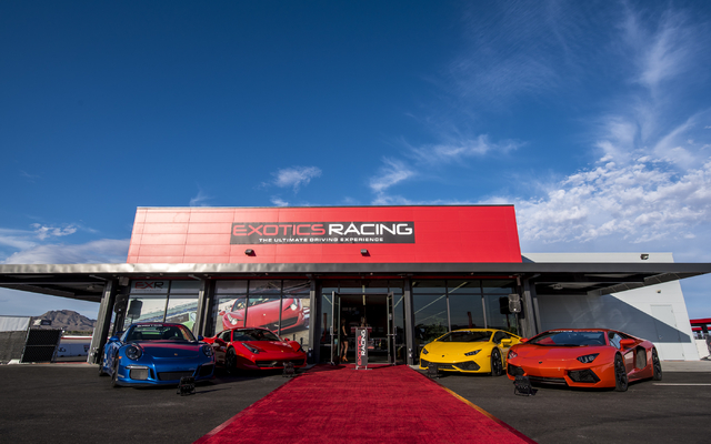 Luxury sports cars welcome invited guests to the grand opening of Exotics Racing's new welcome center at Las Vegas Motor Speedway in Las Vegas on Thursday, June 4, 2015. (Joshua Dahl/Las Vegas Rev ...