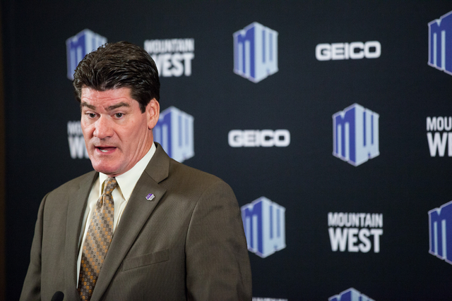 Mountain West Commissioner Craig Thompson speaks during the Mountain West Conference football media day at the Cosmopolitan hotel-casino Tuesday, July 22, 2014, in Las Vegas. (Chase Stevens/Las Ve ...