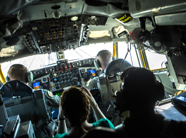 Pilot Capt. Gary Smith,left, and copilot 1st L. Ryan Merrifield during take off of a KC-135 Stratotanker at Nellis Air Force Base on Wednesday, June 10, 2015. The squad from MacDill AFB participat ...