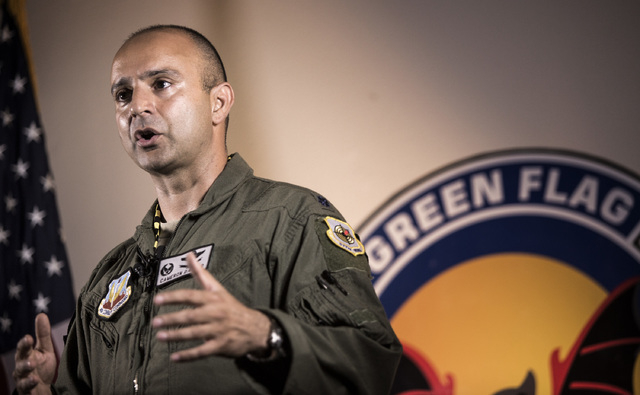 Lt. Col Cameron Dadgar with the 549th Combat Training Squadron speaks during a press conference  at Nellis Air Force Base on Wednesday, June 10,2015. Nellis is hosting Green Flag-West exercises th ...