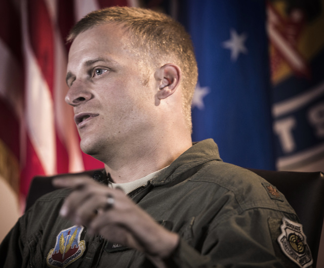 F-35 pilot Mjr. Christopher Laird from 420nd  Test and Evaluation Squadron during a press conference at Nellis Air Force Base on Wednesday, June 10, 2015.
Follow Jeff Scheid on Twitter @jlscheid ( ...