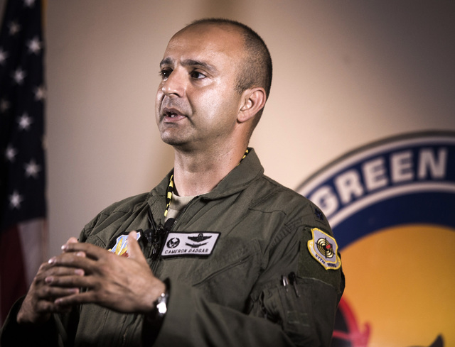 Lt. Col Cameron Dadgar with the 549th Combat Training Squadron speaks during a press conference  at Nellis Air Force Base on Wednesday, June 10,2015. Nellis is hosting Green Flag-West exercises th ...