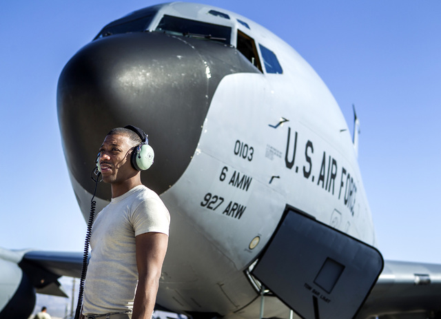 Ssgt Keith Green from the 91st Air Refueling Squadron stands in front of a KC-135 Stratotanker at Nellis Air Force Base on Wednesday, June 10, 2015. The squad from MacDill AFB participated in Gree ...