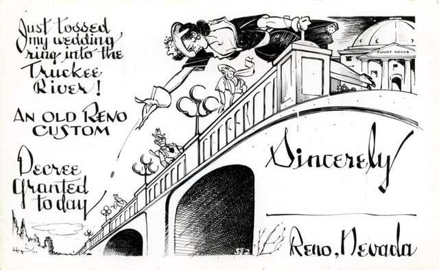 An old Reno custom: This 1941 Lew Hymers cartoon of a newly-divorced woman flinging her ring into the Truckee River helped to perpetuate the popular legend of the "wedding ring bridge," prompting  ...
