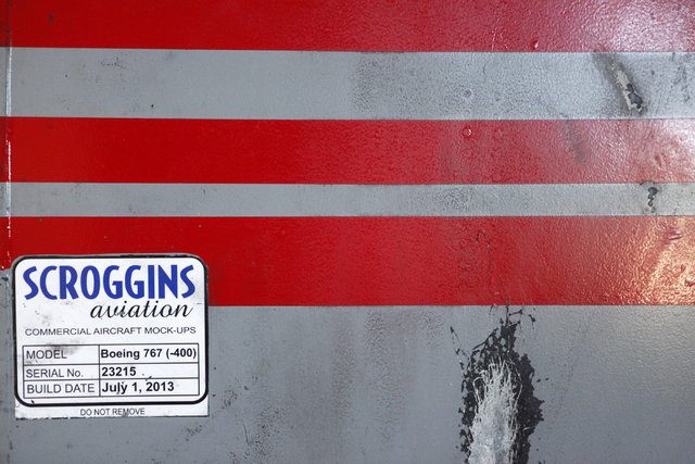 The side of a Boeing 767 is seen at Scroggins Aviation on Wednesday, June 17, 2015, in Las Vegas. Scroggins Aviation supplies helicopters for movies such as "Jurassic World." (James Tensuan/Las Ve ...