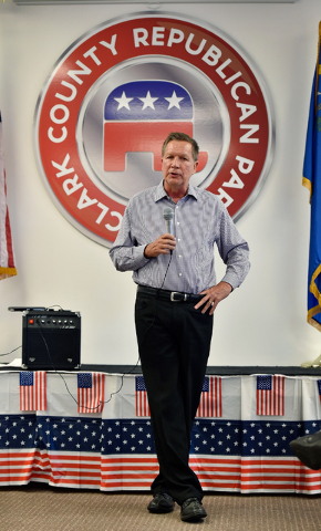 Ohio Gov. John Kasich speaks at the Clark County Republican Party headquarters in Las Vegas on Thursday, June 11, 2015. Kasich is traveling the country before he makes his final decision whether o ...